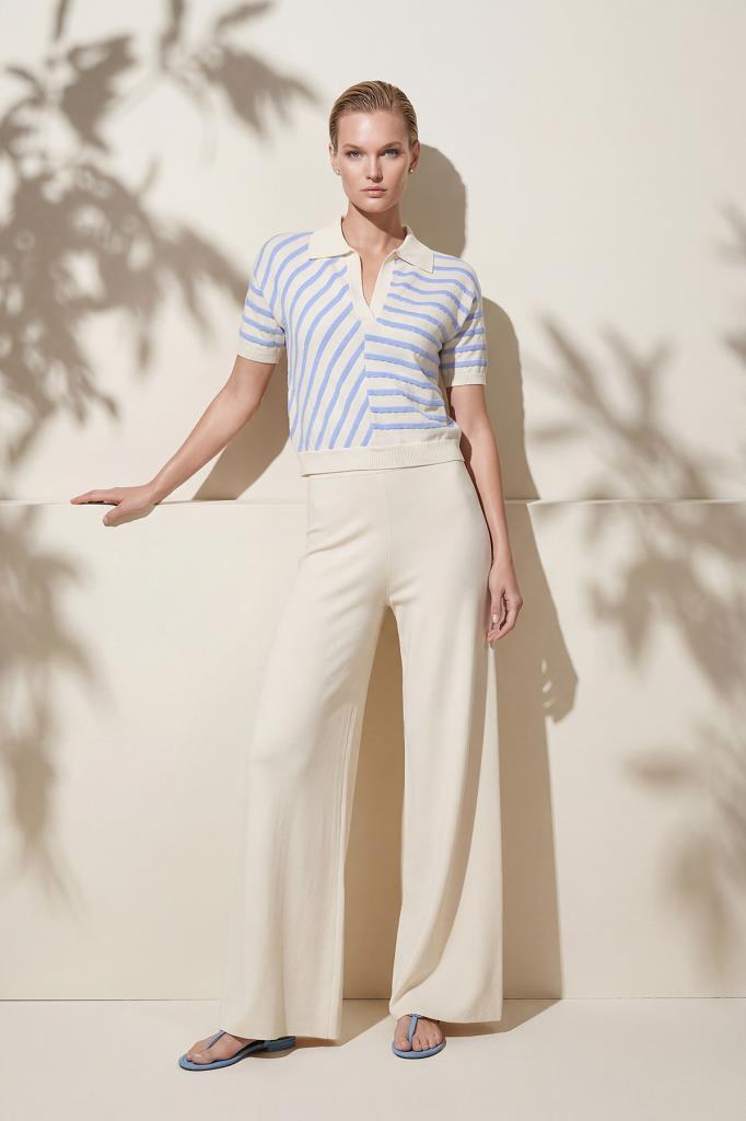 Polo Collar Striped Ecru Blouse