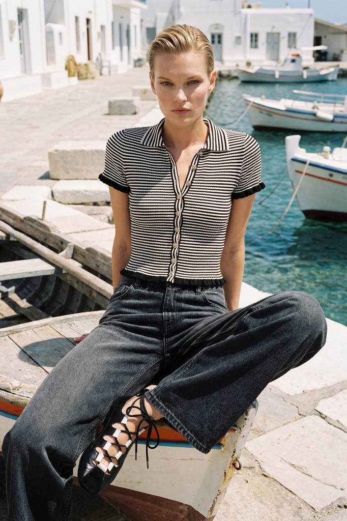 Polo Collar Striped Black Blouse