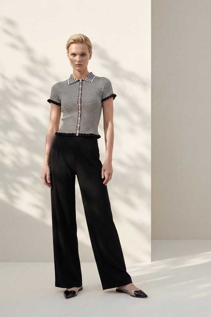 Polo Collar Striped Black Blouse