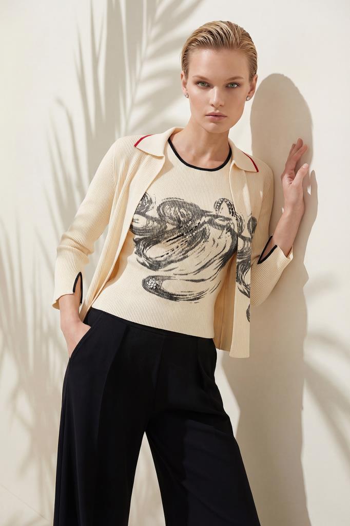 Polo Collar Printed Ecru Cardigan