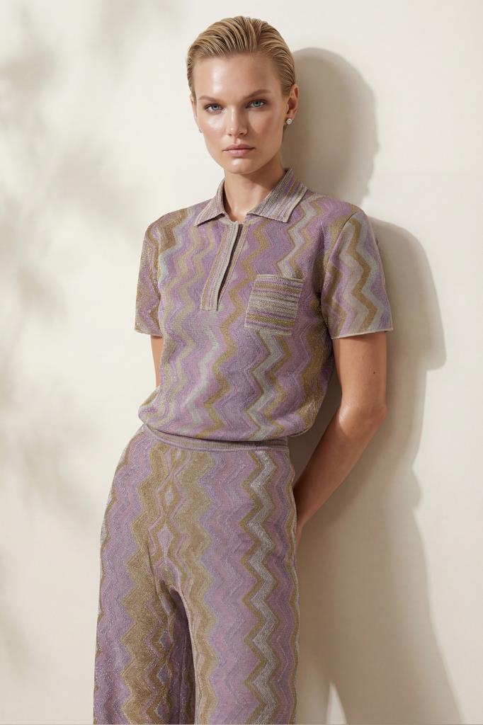 Polo Collar Printed Shimmer Pink Blouse