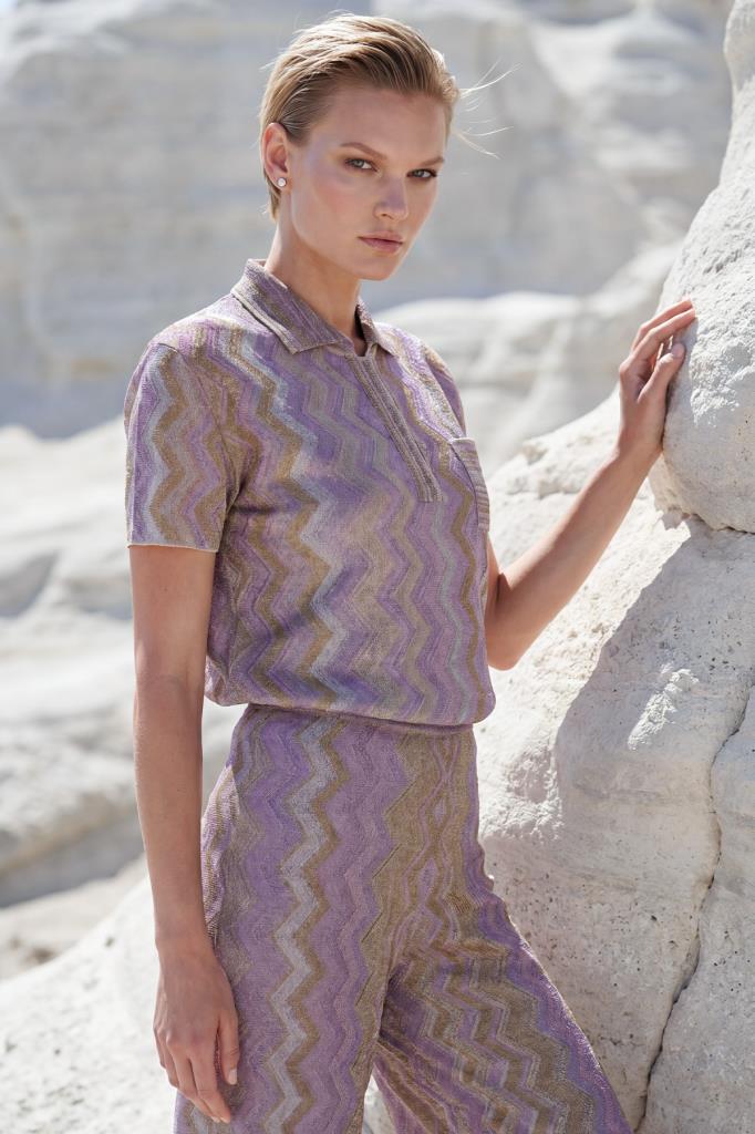 Polo Collar Printed Shimmer Pink Blouse