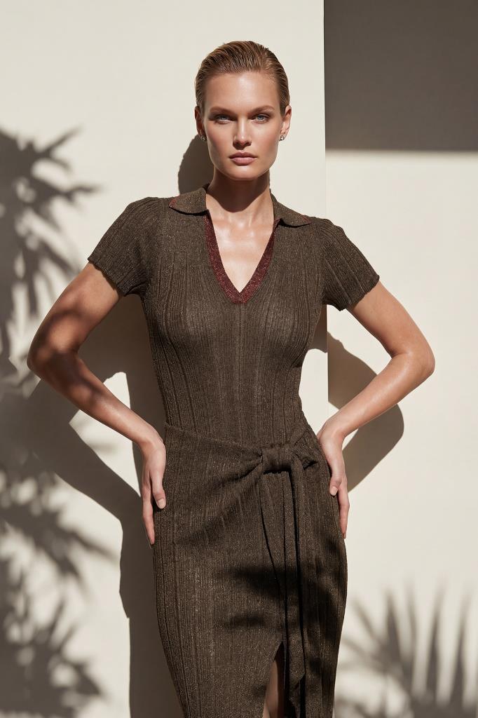 Polo Collar Ribbed Brown Blouse