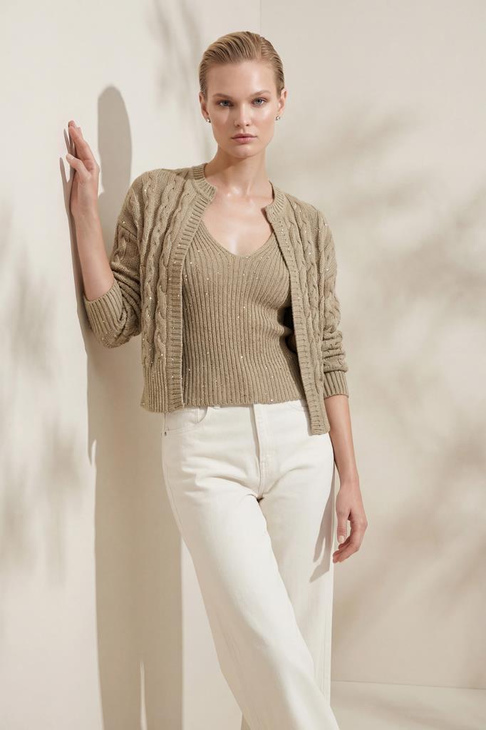 Braided Sequined Beige Cardigan