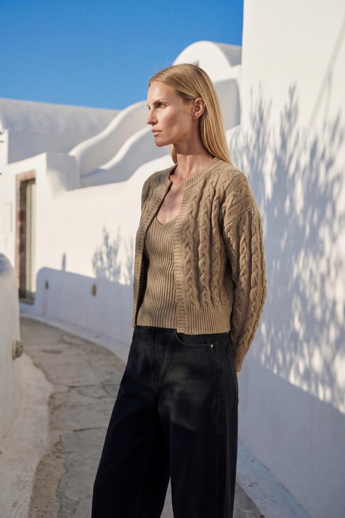 Braided Sequined Beige Cardigan