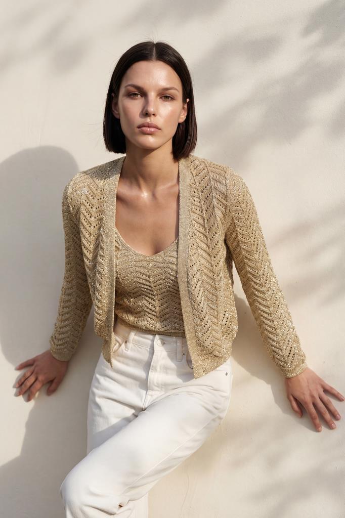 Shimmer Openwork Yellow Cardigan