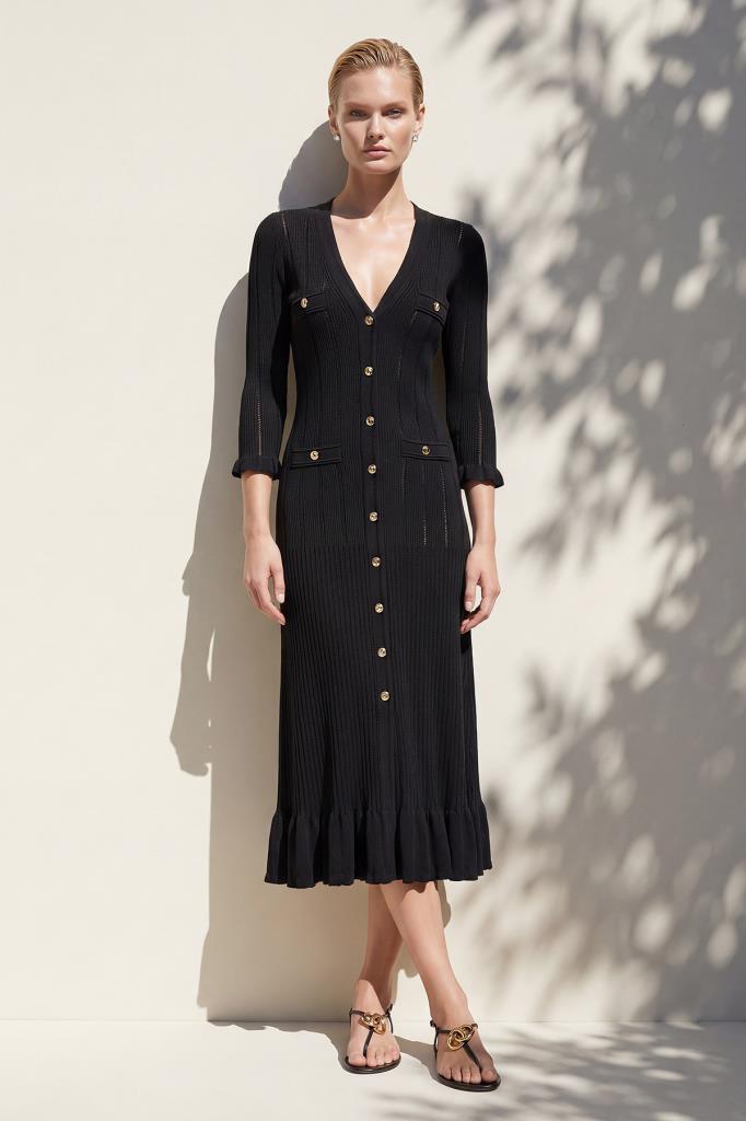 Decorative-Pocket Snap-Button Midi Black Dress