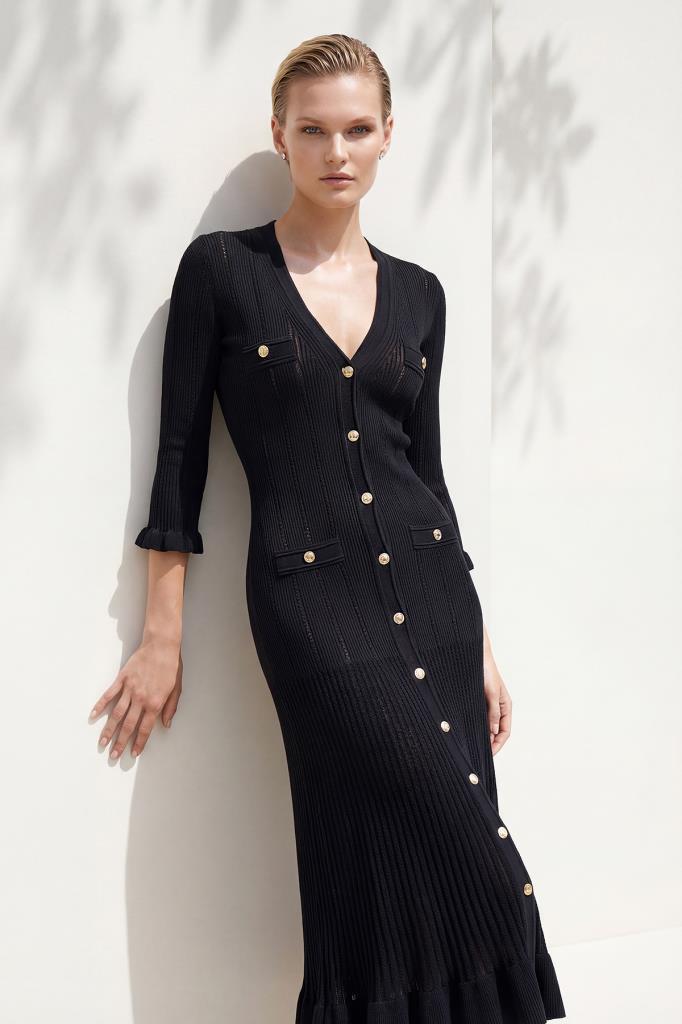 Decorative-Pocket Snap-Button Midi Black Dress