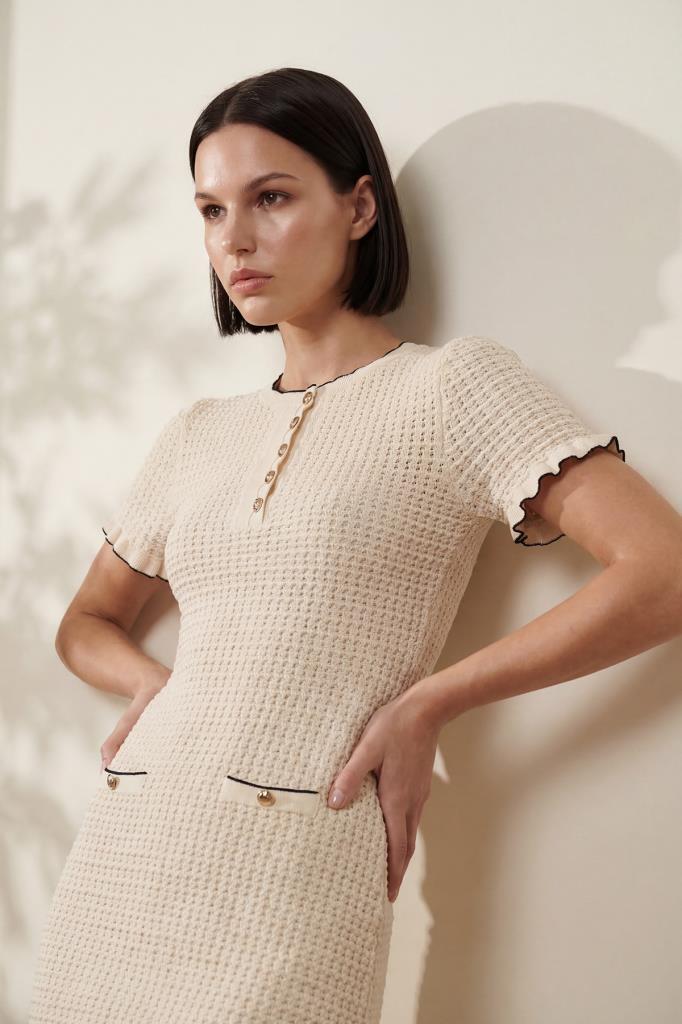 Decorative-Pocket Button Mini Ecru Dress