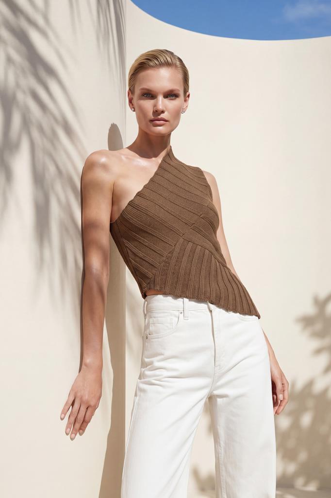 One-Shoulder Asymmetric Brown Blouse