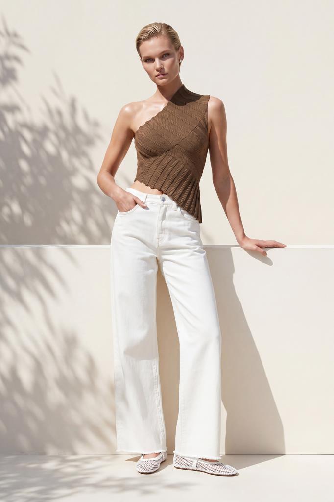 One-Shoulder Asymmetric Brown Blouse