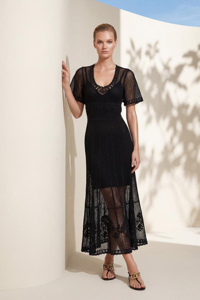 V-Neck Openwork Lined Maxi Black Dress