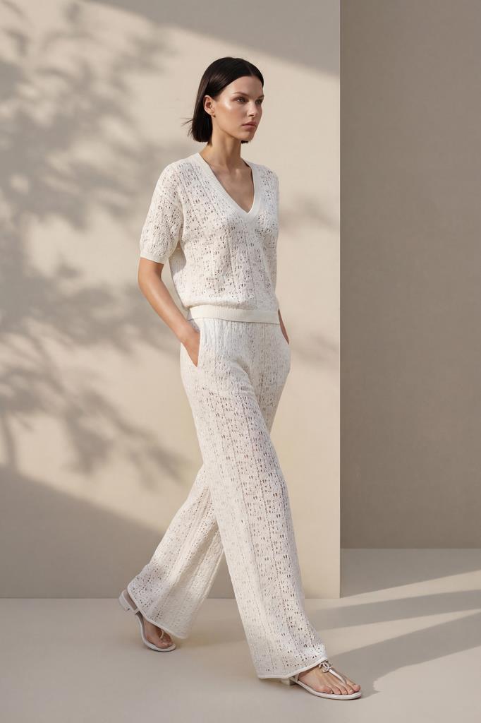 V-Neck Openwork White Blouse