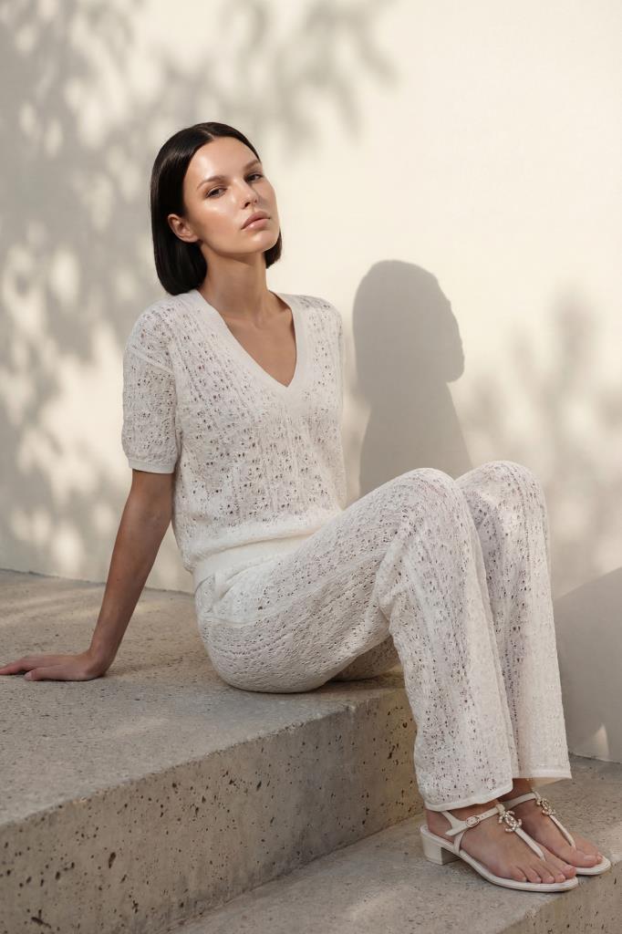 V-Neck Openwork White Blouse