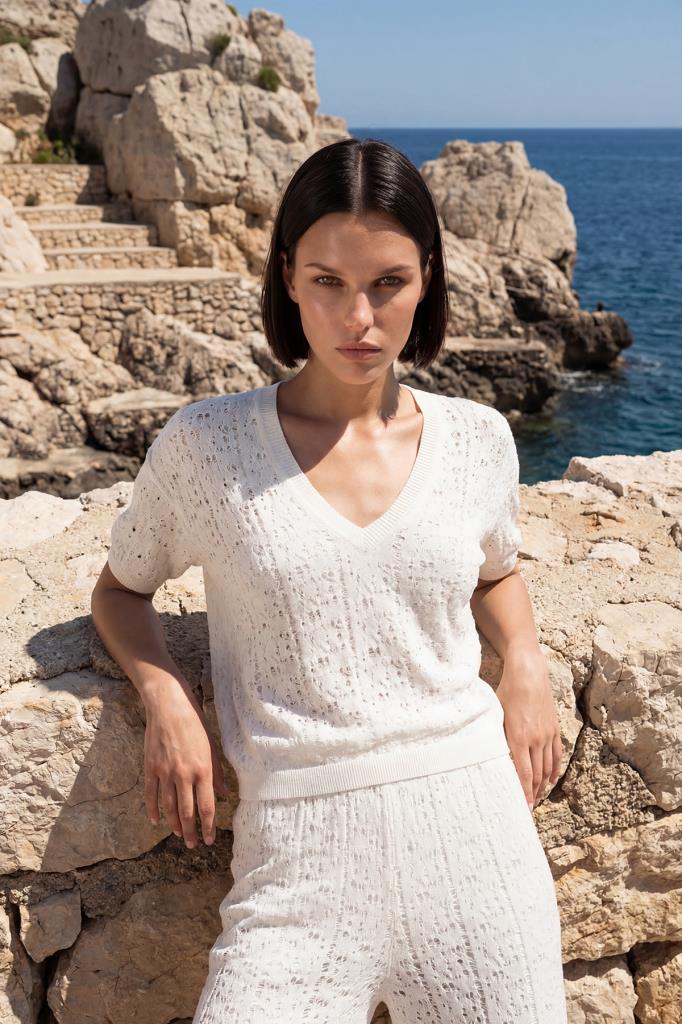 V-Neck Openwork White Blouse
