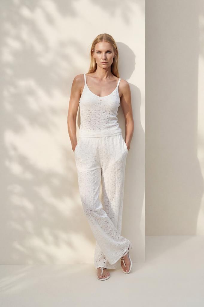 V-Neck Openwork White Top