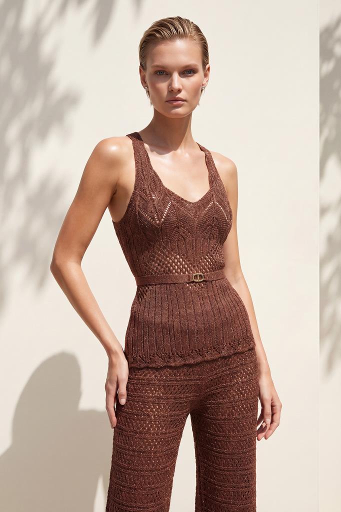 V-Neck Openwork Belted Terracotta Blouse
