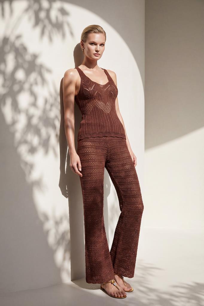 V-Neck Openwork Belted Terracotta Blouse