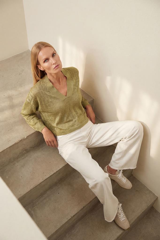 V-Neck Openwork Green Blouse