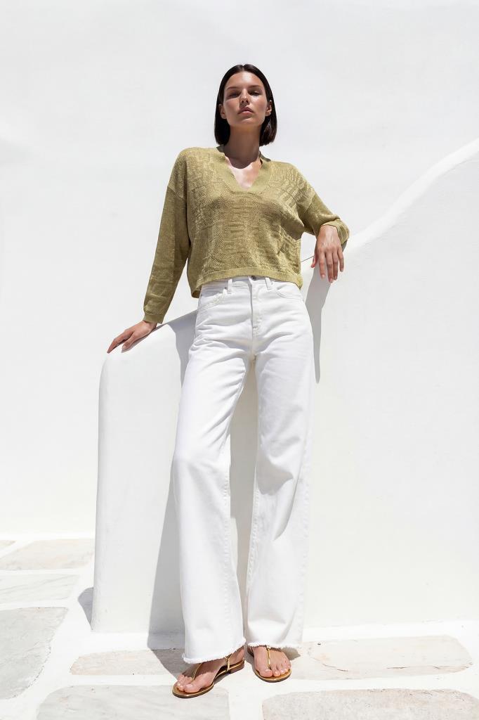 V-Neck Openwork Green Blouse