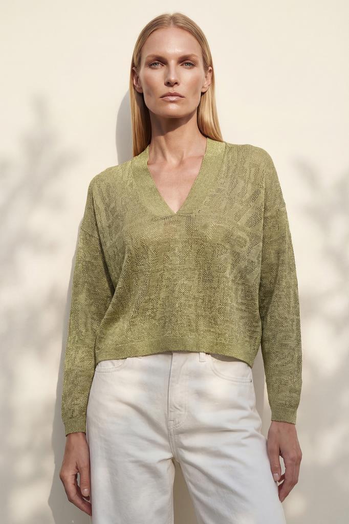V-Neck Openwork Green Blouse