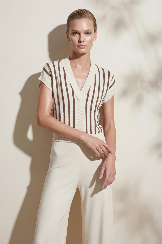 V-Neck Striped Ecru Blouse