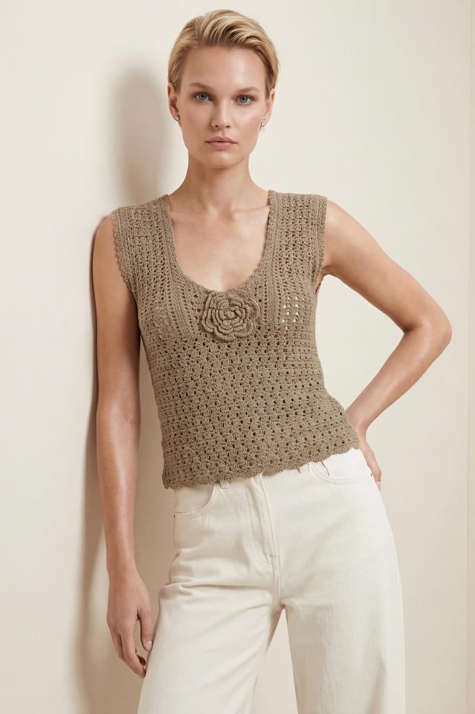 V-Neck Hand-Crafted Floral Beige Blouse