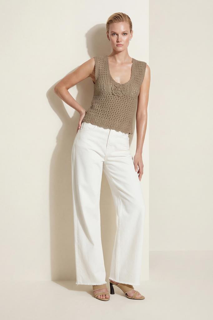 V-Neck Hand-Crafted Floral Beige Blouse