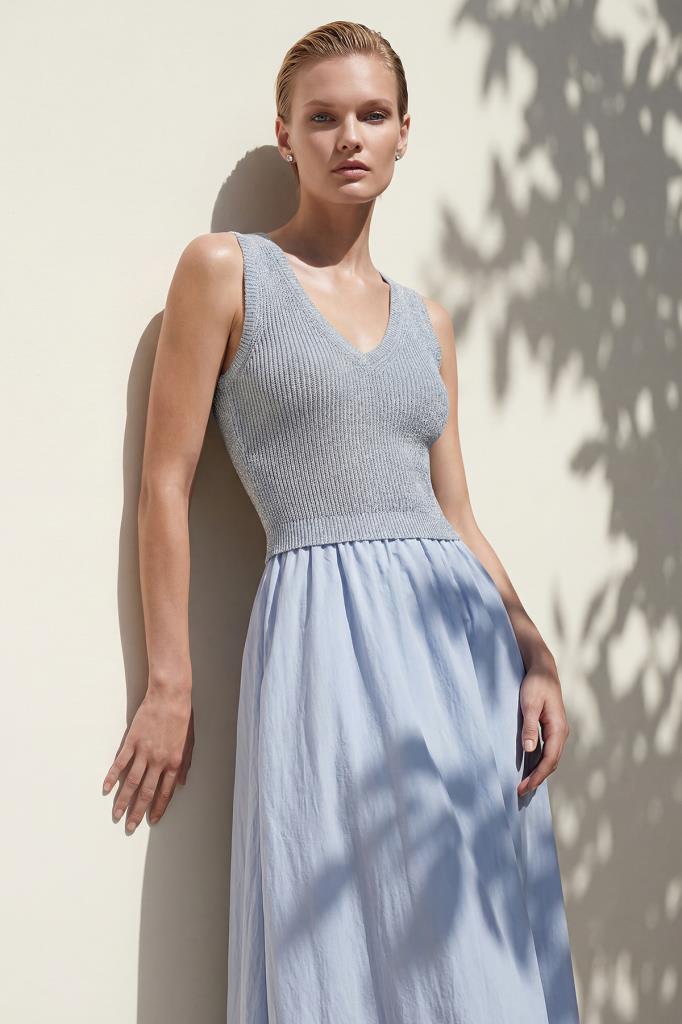 V-Neck Midi Blue Dress
