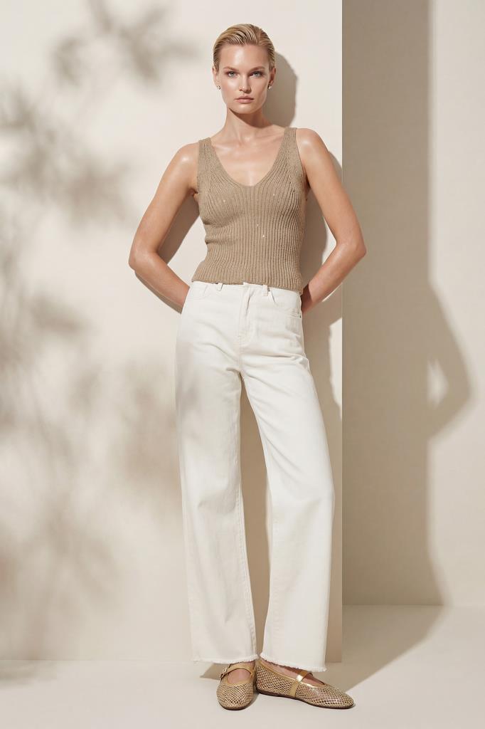 V-Neck Sequined Beige Top