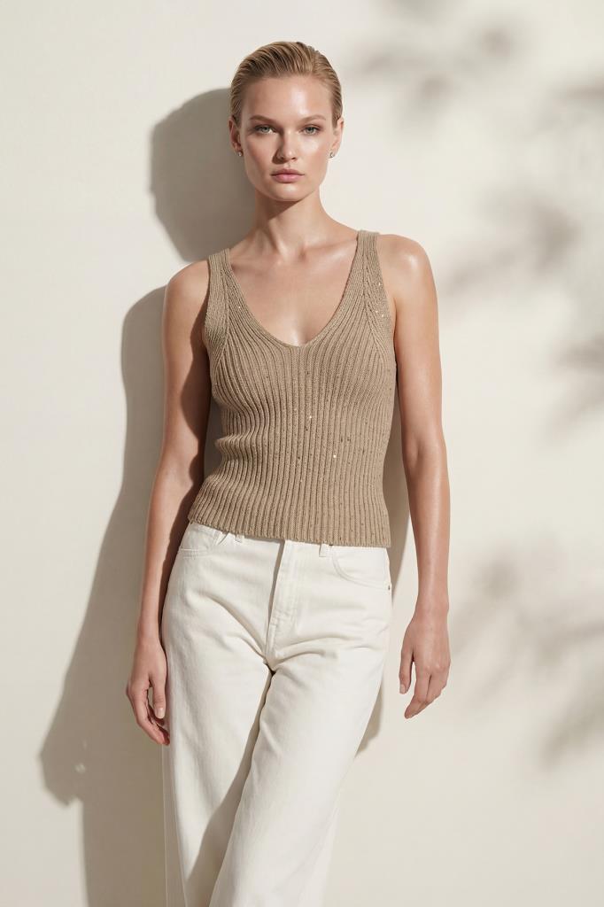 V-Neck Sequined Beige Top