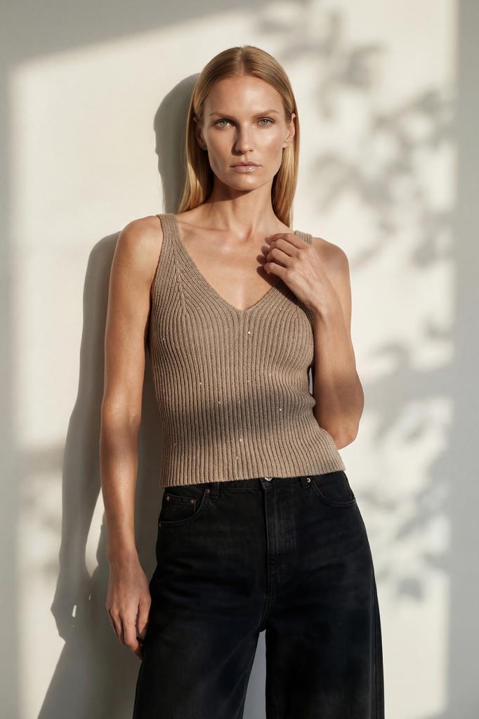 V-Neck Sequined Beige Top