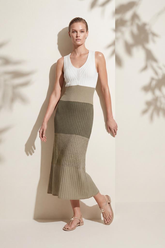 V-Neck Color-Block Midi Multi Dress