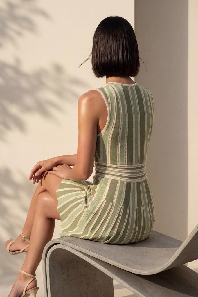 V-Neck Mini Flared Green Dress