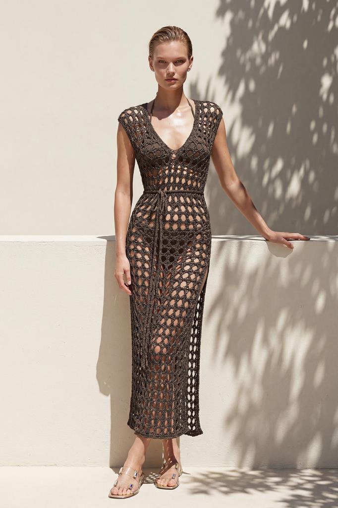 Slit Openwork Belted Brown Dress